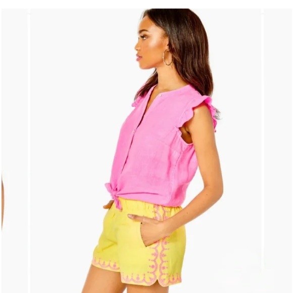 Lilly Pulitzer LARYN LINEN SHORT Calla Yellow sz L - Picture 2 of 8